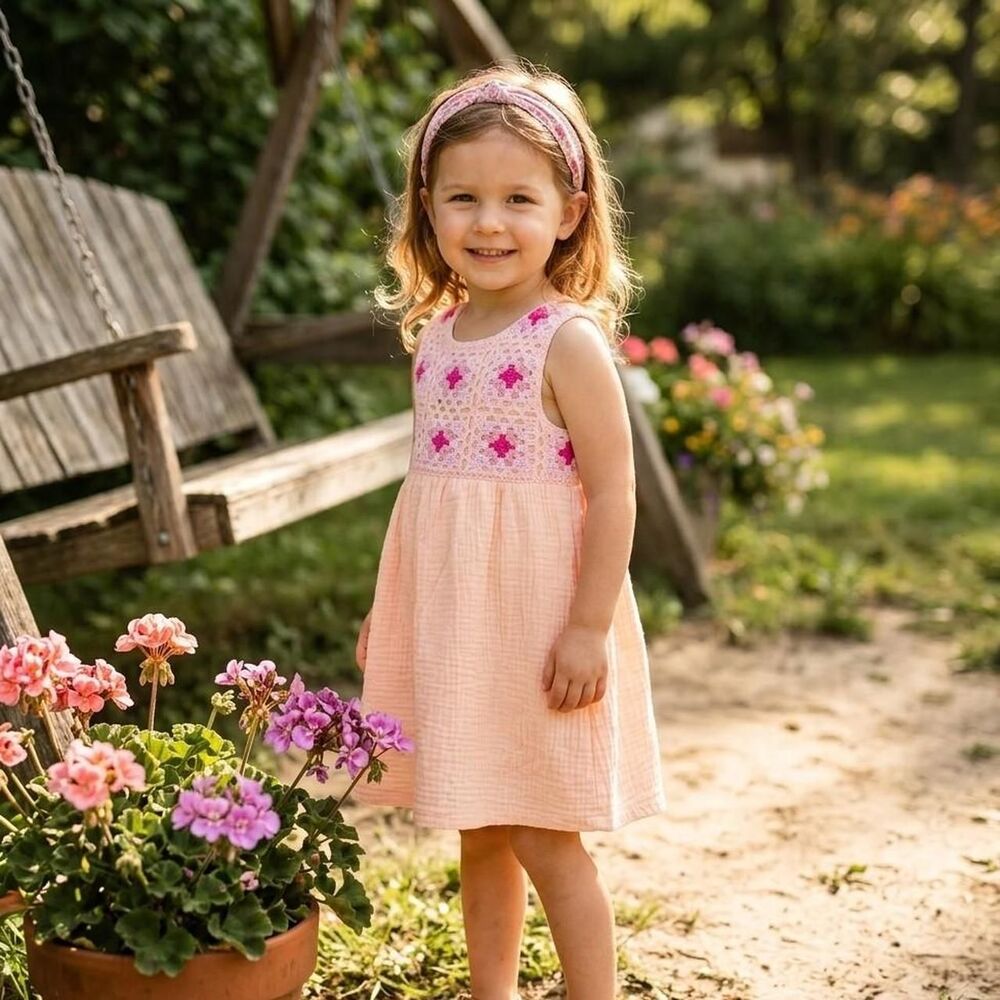 Gauze Granny Square Crochet Toddler Dress - Size 4T summer gauze peach